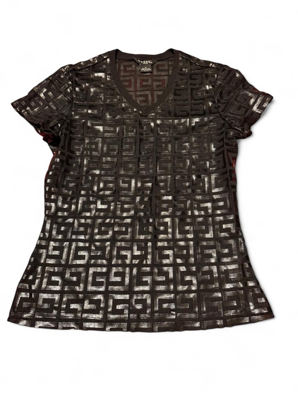 GUESS Black Metallic Geometric V-Neck Short Sleeve Top